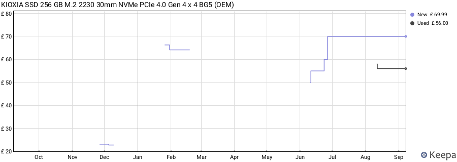 KIOXIA SSD 256 GB M.2 2230 30mm NVMe PCIe 4.0 Gen 4 x 4 BG5 (OEM) price history (last 12 months)