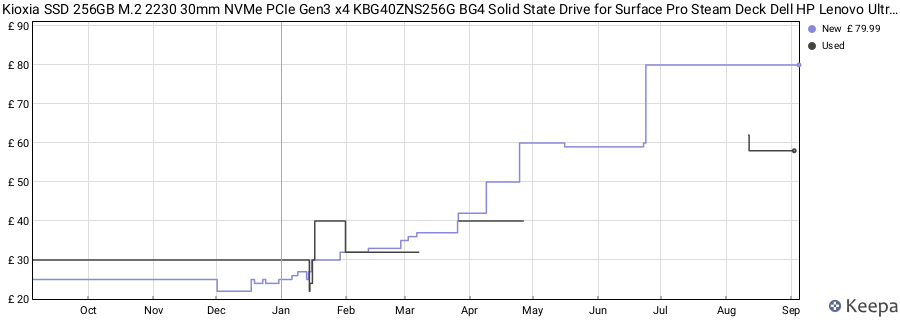 Kioxia SSD 256GB M.2 2230 30mm NVMe PCIe Gen3 x4 KBG40ZNS256G BG4 Solid State Drive for Surface Pro Steam Deck Dell HP Lenovo Ultrabook Tablet price history (last 12 months)