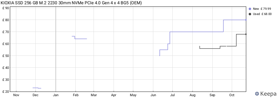 KIOXIA SSD 256 GB M.2 2230 30mm NVMe PCIe 4.0 Gen 4 x 4 BG5 (OEM) price history (last 12 months)
