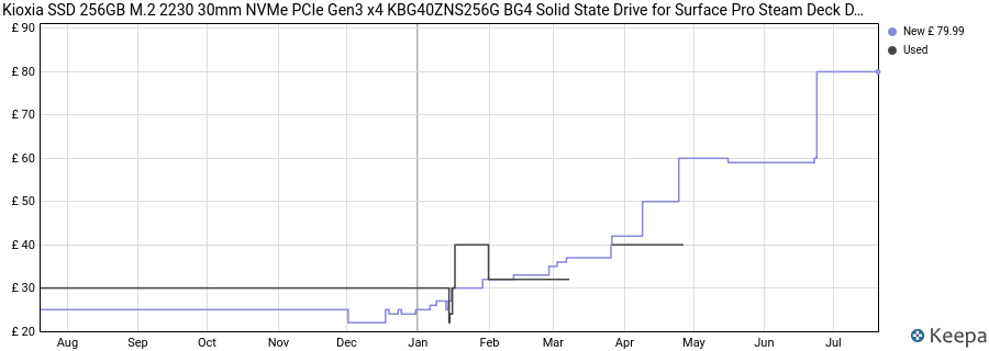 Kioxia SSD 256GB M.2 2230 30mm NVMe PCIe Gen3 x4 KBG40ZNS256G BG4 Solid State Drive for Surface Pro Steam Deck Dell HP Lenovo Ultrabook Tablet price history (last 12 months)
